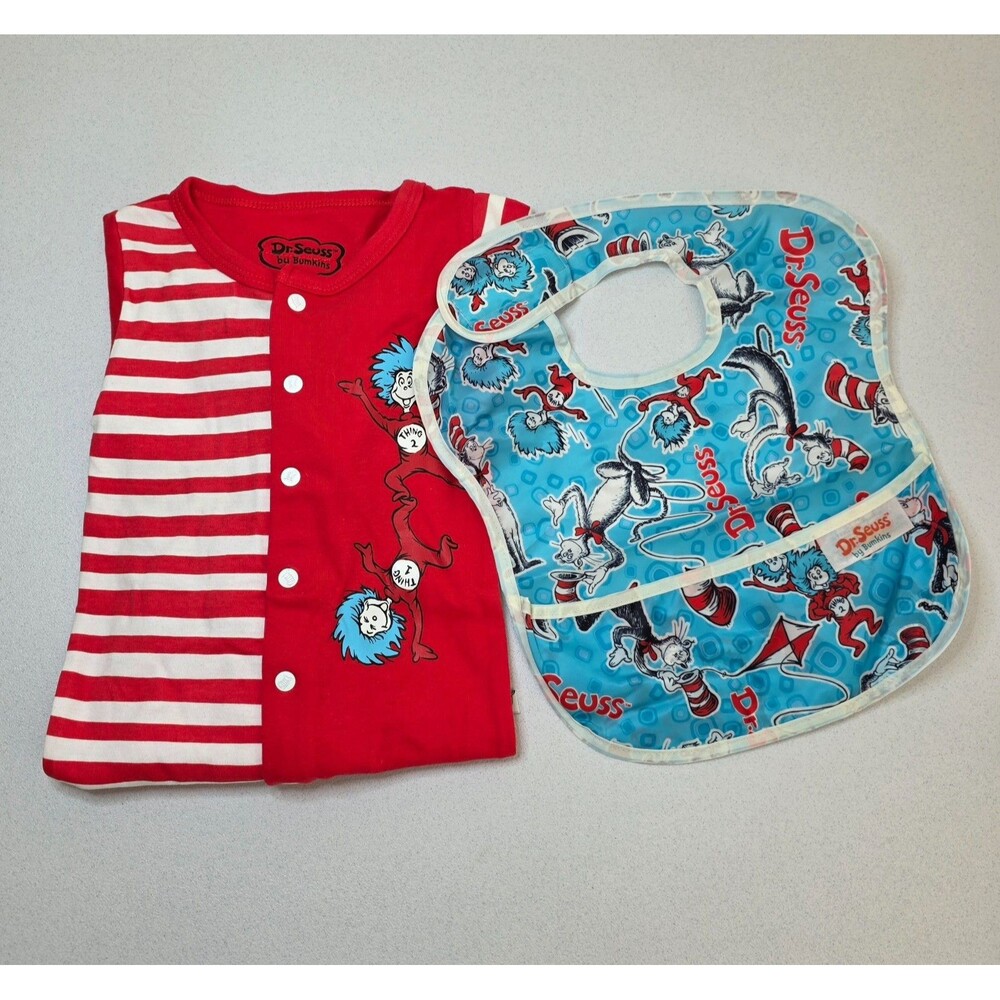 DR. SEUSS X BUMPKINS Thing 1 & Thing 2 Jumpsuit  w/ Matching Bib Size 12M NWOT